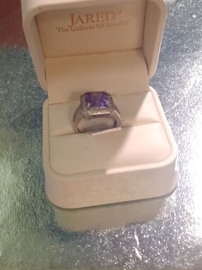 Silver Ring with Purple Cushion Gem and Halo. PLATED SS.